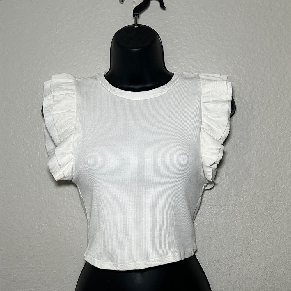 Zara White Ruffle Sleeve Crop Top